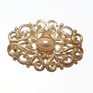 Vintage Premier Designs Gold Tone Faux Pearl Ornate Statement Brooch